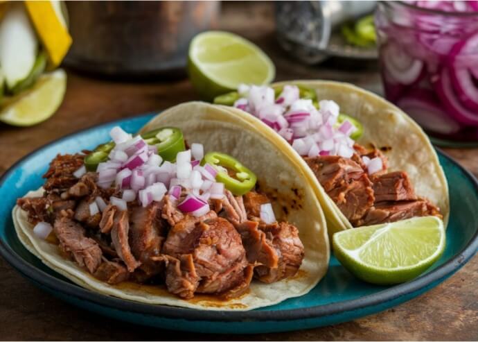 Tacos de pato confitado en salsa de manzana y habanero